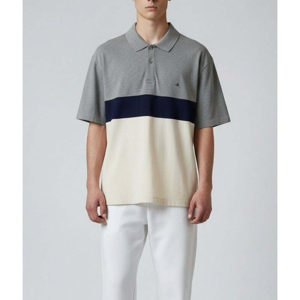 Calvin Klein Mens Colorblock Polo Shirt Gray/Navy/Cream Size L